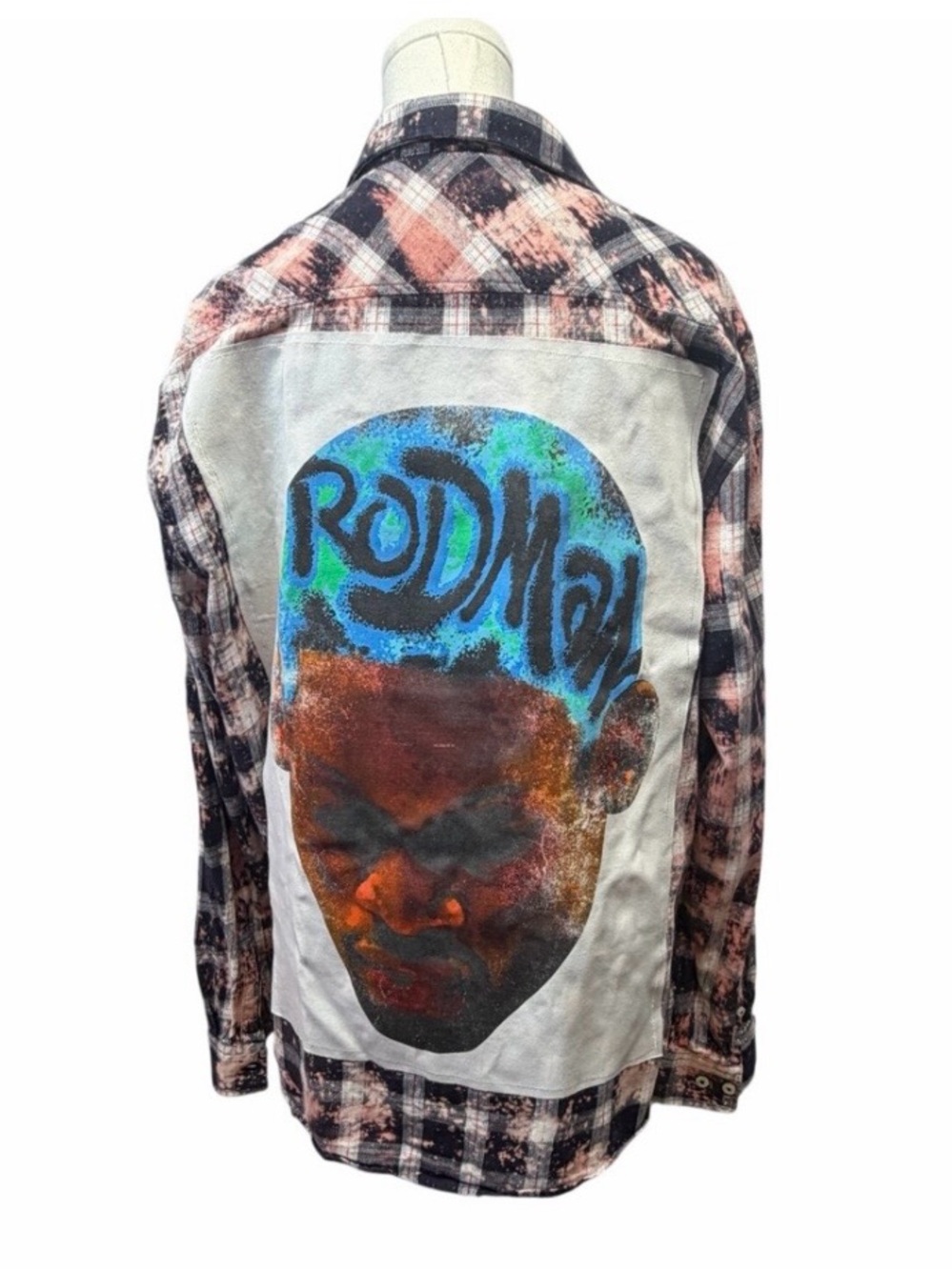Denis Rodman 90s .6upcycled custom flannel shirt graphic tee on back bespoke